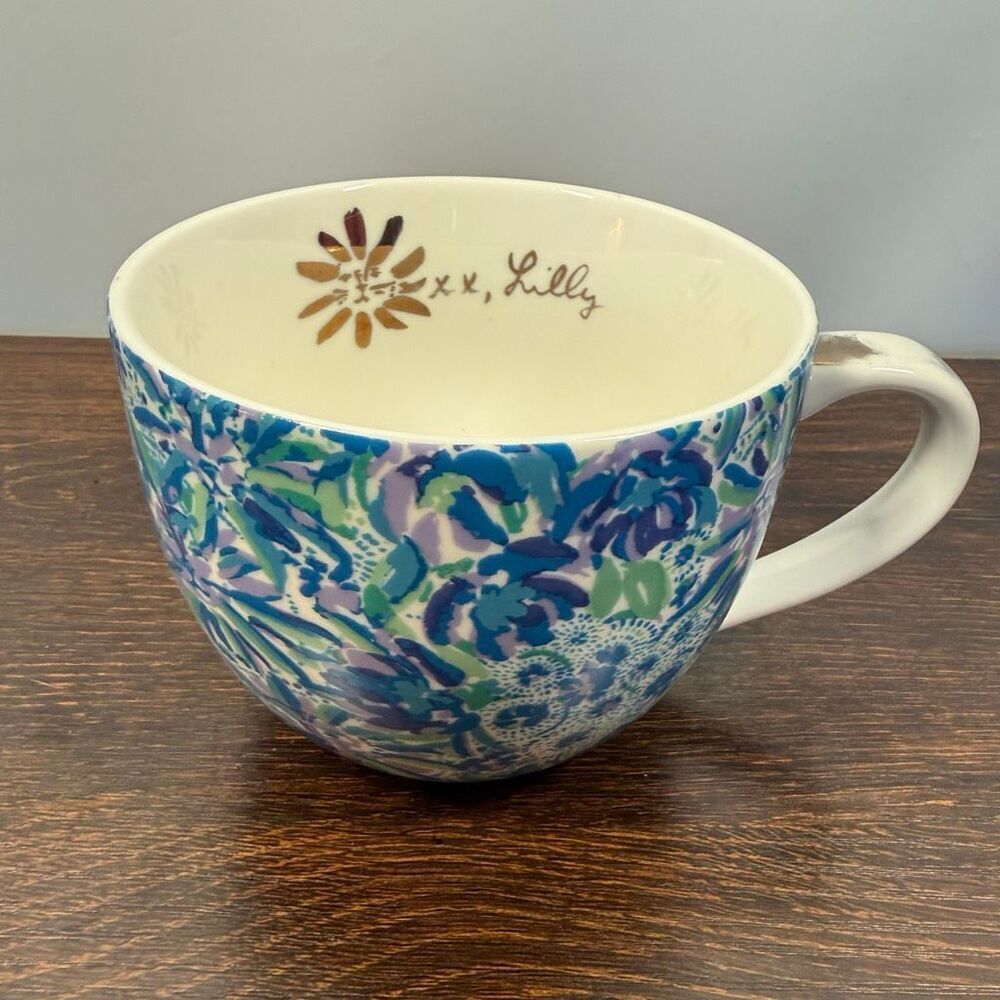 Lilly Pulitzer Ceramic Mug Blue Floral 12 Oz Lion Around Coffee Cup